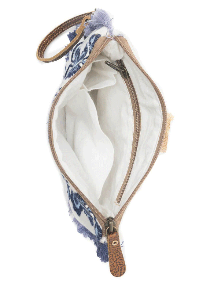 Myra Bag S-12807 Womens  Mynora Sky Embroided Pouch in Artisanal Blue front view. If you need any assistance with this item or the purchase of this item please call us at five six one seven four eight eight eight zero one Monday through Saturday 10:00a.m EST to 8:00 p.m EST
