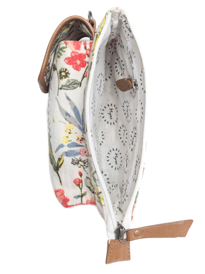 Myra Bag S-13732 Womens Floralea Crossbody Phone Bag Orchid Glow White front view. If you need any assistance with this item or the purchase of this item please call us at five six one seven four eight eight eight zero one Monday through Saturday 10:00a.m EST to 8:00 p.m EST
