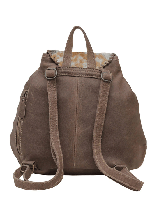 Myra Bag S-5754 Womens Dove Felt Leather Hairon Backpack Brown back view. If you need any assistance with this item or the purchase of this item please call us at five six one seven four eight eight eight zero one Monday through Saturday 10:00a.m EST to 8:00 p.m EST
