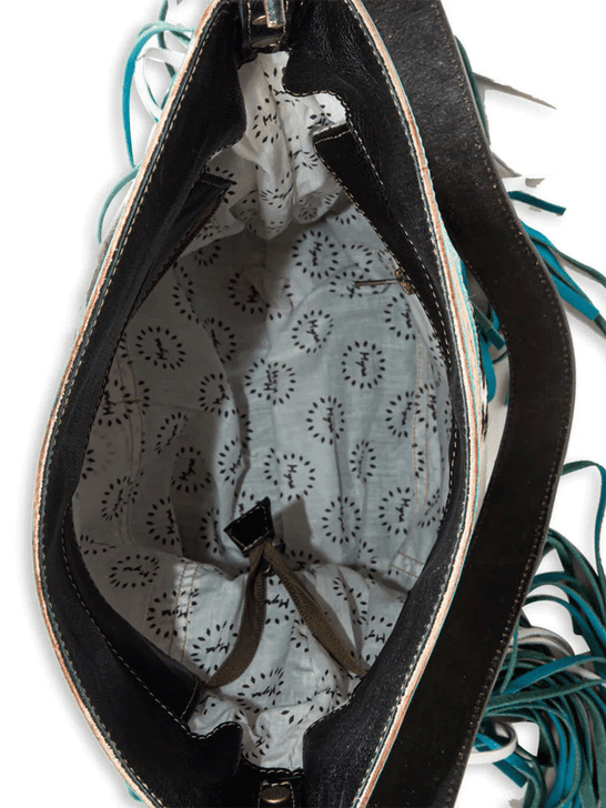 Myra Bag S-8017 Womens Pony Trail Fringed Hand-Tooled Bag inside view. If you need any assistance with this item or the purchase of this item please call us at five six one seven four eight eight eight zero one Monday through Saturday 10:00a.m EST to 8:00 p.m EST

