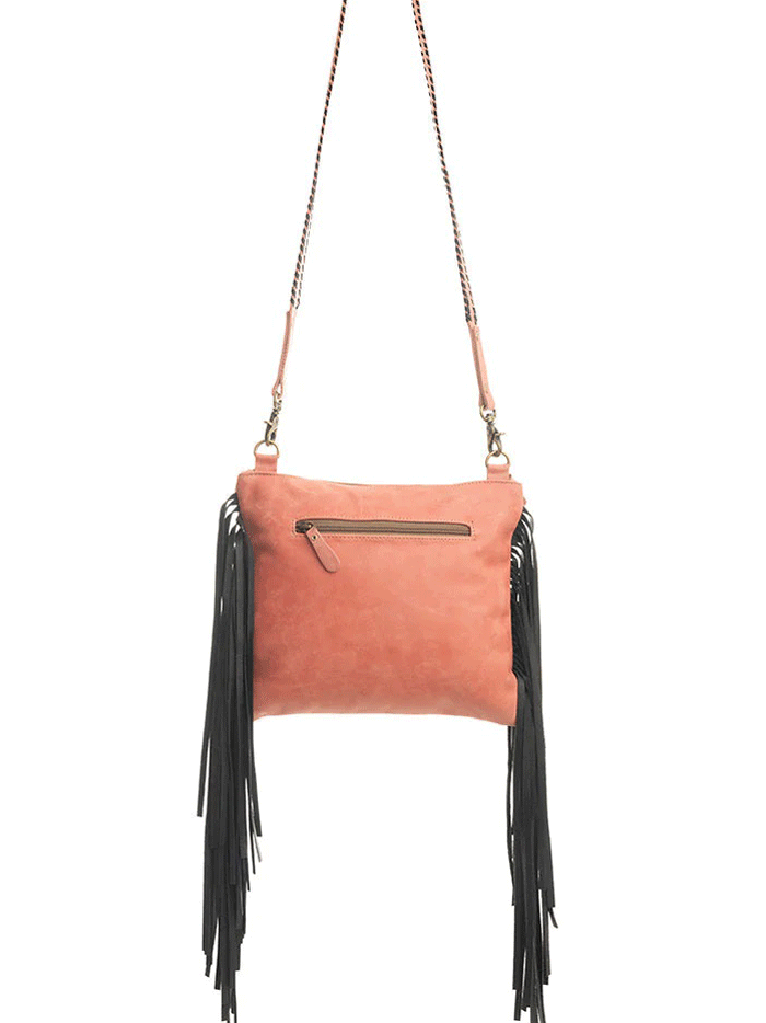 Myra Bag S-9602 Womens Millstone Fringed Hand Tooled Bag Pink front view. If you need any assistance with this item or the purchase of this item please call us at five six one seven four eight eight eight zero one Monday through Saturday 10:00a.m EST to 8:00 p.m EST
