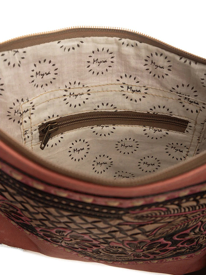 Myra Bag S-9602 Womens Millstone Fringed Hand Tooled Bag Pink front view. If you need any assistance with this item or the purchase of this item please call us at five six one seven four eight eight eight zero one Monday through Saturday 10:00a.m EST to 8:00 p.m EST
