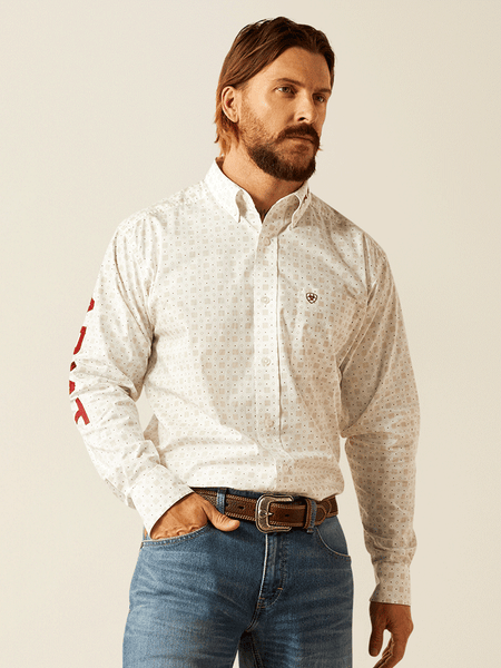 Ariat 10054639 Mens Team King Classic Fit Shirt White front view. If you need any assistance with this item or the purchase of this item please call us at five six one seven four eight eight eight zero one Monday through Saturday 10:00a.m EST to 8:00 p.m EST