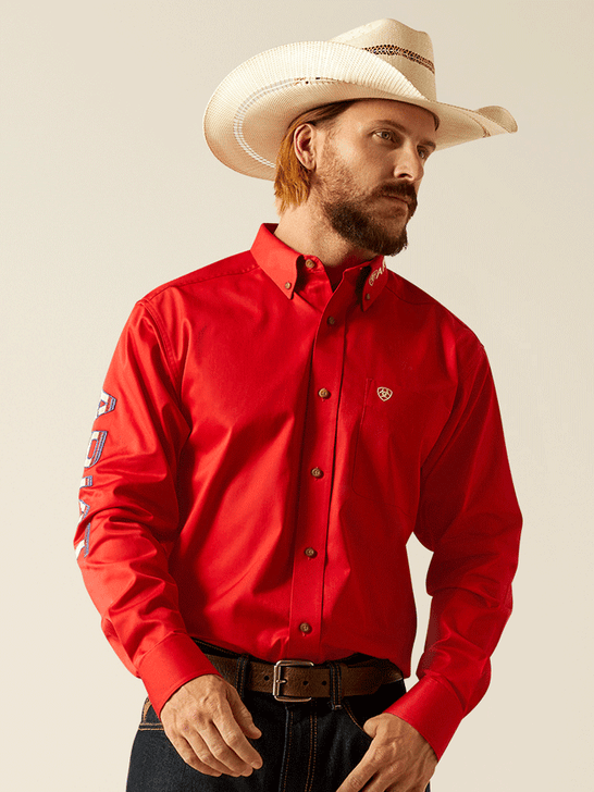 Ariat 10055236 Mens Team Logo Twill Classic Fit Shirt Red front view. If you need any assistance with this item or the purchase of this item please call us at five six one seven four eight eight eight zero one Monday through Saturday 10:00a.m EST to 8:00 p.m EST

