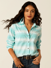 Ariat 10055216 Womens REAL Billie Jean Shirt Turquoise Stripe front view. If you need any assistance with this item or the purchase of this item please call us at five six one seven four eight eight eight zero one Monday through Saturday 10:00a.m EST to 8:00 p.m EST

