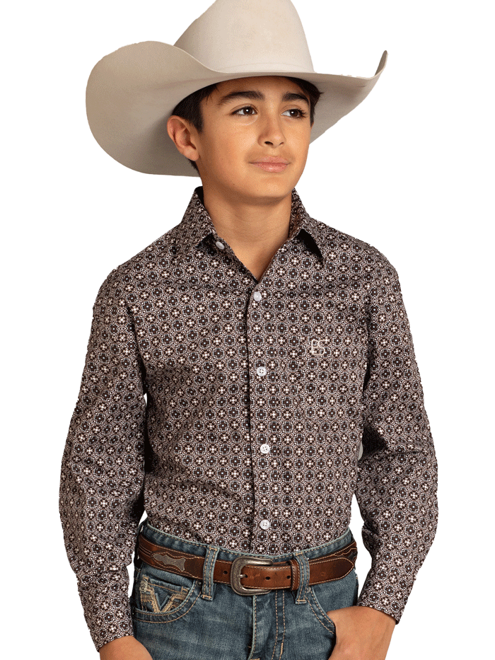 Panhandle BSBB2S07615 Kids Classic Checkered Medallion Long Sleeve Shirt Dark Brown front view. If you need any assistance with this item or the purchase of this item please call us at five six one seven four eight eight eight zero one Monday through Saturday 10:00a.m EST to 8:00 p.m EST