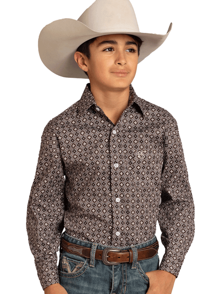 Panhandle BSBB2S07615 Kids Classic Checkered Medallion Long Sleeve Shirt Dark Brown front view. If you need any assistance with this item or the purchase of this item please call us at five six one seven four eight eight eight zero one Monday through Saturday 10:00a.m EST to 8:00 p.m EST
