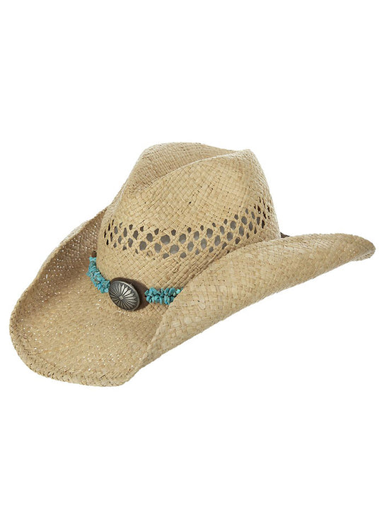 Scala SCA11832 CONNIE Hand Woven Raffia Western Hat Natural side / front view. If you need any assistance with this item or the purchase of this item please call us at five six one seven four eight eight eight zero one Monday through Saturday 10:00a.m EST to 8:00 p.m EST