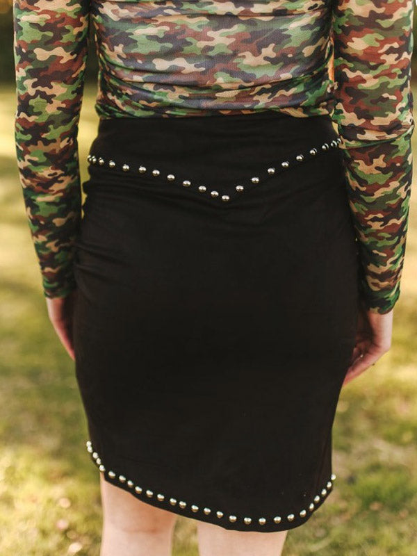 Lucky & Blessed SK447-BLK Womens Stretch Studded Suede Zip Front Pencil Skirt Black front view. If you need any assistance with this item or the purchase of this item please call us at five six one seven four eight eight eight zero one Monday through Saturday 10:00a.m EST to 8:00 p.m EST
