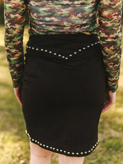 Lucky & Blessed SK447-BLK Womens Stretch Studded Suede Zip Front Pencil Skirt Black back view. If you need any assistance with this item or the purchase of this item please call us at five six one seven four eight eight eight zero one Monday through Saturday 10:00a.m EST to 8:00 p.m EST