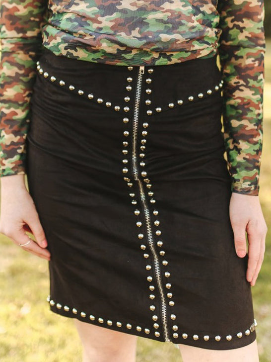 Lucky & Blessed SK447-BLK Womens Stretch Studded Suede Zip Front Pencil Skirt Black front view. If you need any assistance with this item or the purchase of this item please call us at five six one seven four eight eight eight zero one Monday through Saturday 10:00a.m EST to 8:00 p.m EST