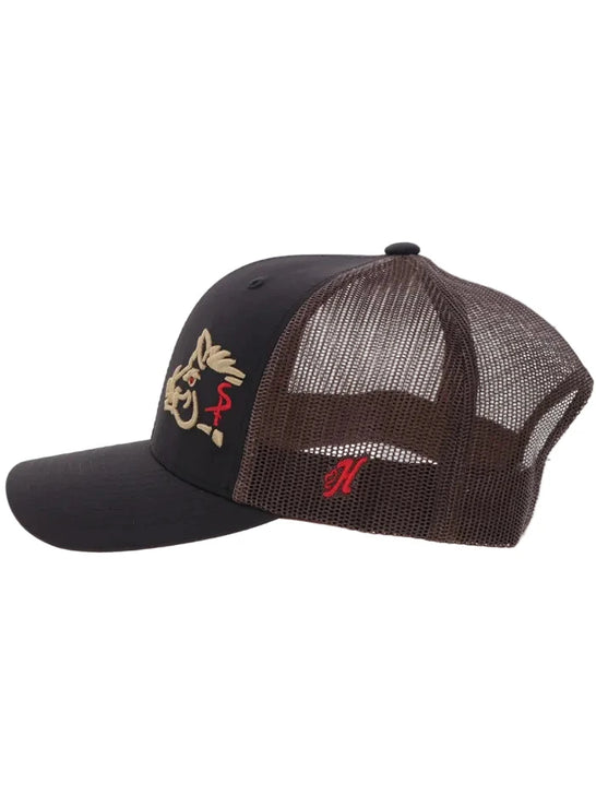 Hooey SP2601T-BKBR SNIPER PIG Trucker Hat Black Brown left side view. If you need any assistance with this item or the purchase of this item please call us at five six one seven four eight eight eight zero one Monday through Saturday 10:00a.m EST to 8:00 p.m EST