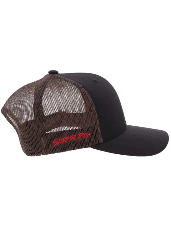 Hooey SP2601T-BKBR SNIPER PIG Trucker Hat Black Brown side view. If you need any assistance with this item or the purchase of this item please call us at five six one seven four eight eight eight zero one Monday through Saturday 10:00a.m EST to 8:00 p.m EST