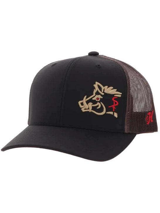 Hooey SP2601T-BKBR SNIPER PIG Trucker Hat Black Brown front view. If you need any assistance with this item or the purchase of this item please call us at five six one seven four eight eight eight zero one Monday through Saturday 10:00a.m EST to 8:00 p.m EST