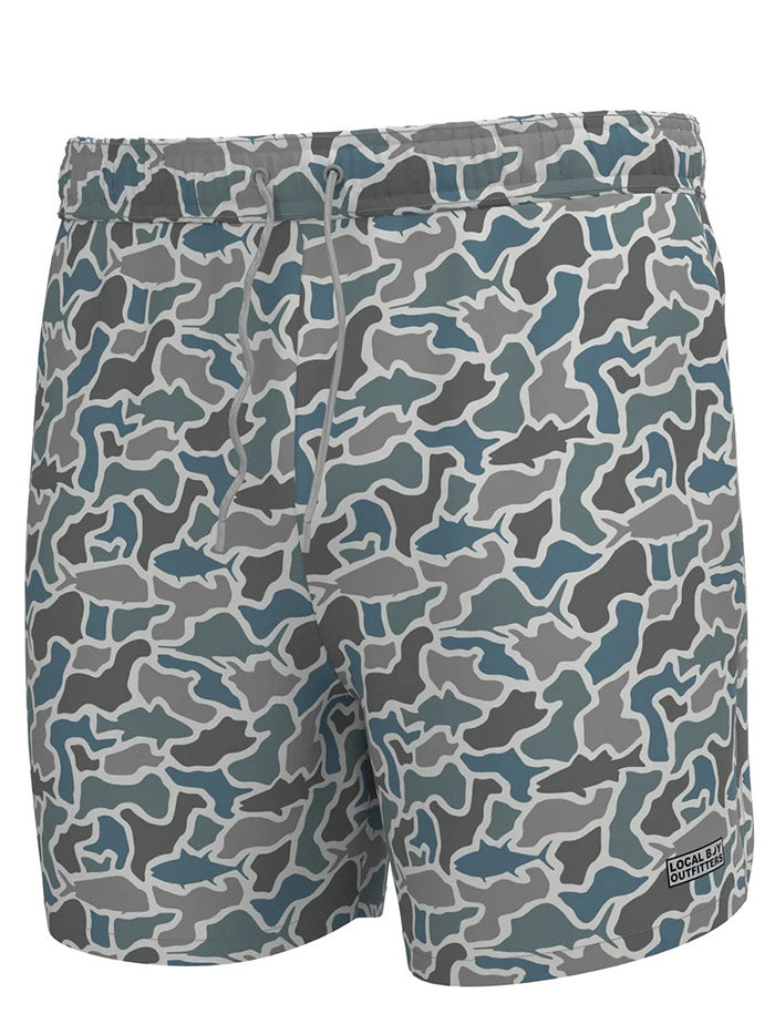 Local Boy Outfitters L1600021-FCM Mens Bayview Swim Trunks Fish Camo front view. If you need any assistance with this item or the purchase of this item please call us at five six one seven four eight eight eight zero one Monday through Saturday 10:00a.m EST to 8:00 p.m EST