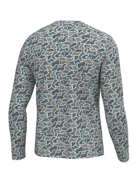 Local Boy Outfitters L1400083-FCM Mens Long Sleeve Heather Blend Crew Tee Fish Camo back view. If you need any assistance with this item or the purchase of this item please call us at five six one seven four eight eight eight zero one Monday through Saturday 10:00a.m EST to 8:00 p.m EST