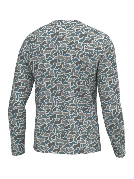 Local Boy Outfitters L1400083-FCM Mens Long Sleeve Heather Blend Crew Tee Fish Camo back view. If you need any assistance with this item or the purchase of this item please call us at five six one seven four eight eight eight zero one Monday through Saturday 10:00a.m EST to 8:00 p.m EST