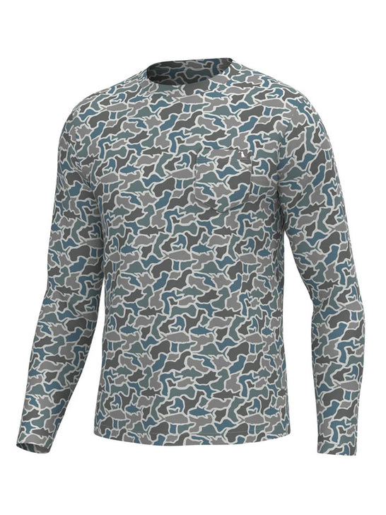 Local Boy Outfitters L1400083-FCM Mens Long Sleeve Heather Blend Crew Tee Fish Camo front view. If you need any assistance with this item or the purchase of this item please call us at five six one seven four eight eight eight zero one Monday through Saturday 10:00a.m EST to 8:00 p.m EST

