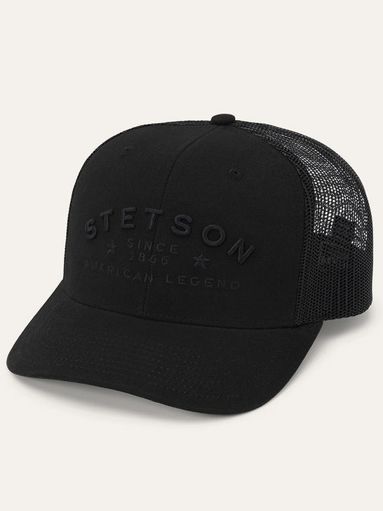 Stetson SCSLMC-002807 American Legend Trucker Cap Black side view. If you need any assistance with this item or the purchase of this item please call us at five six one seven four eight eight eight zero one Monday through Saturday 10:00a.m EST to 8:00 p.m EST