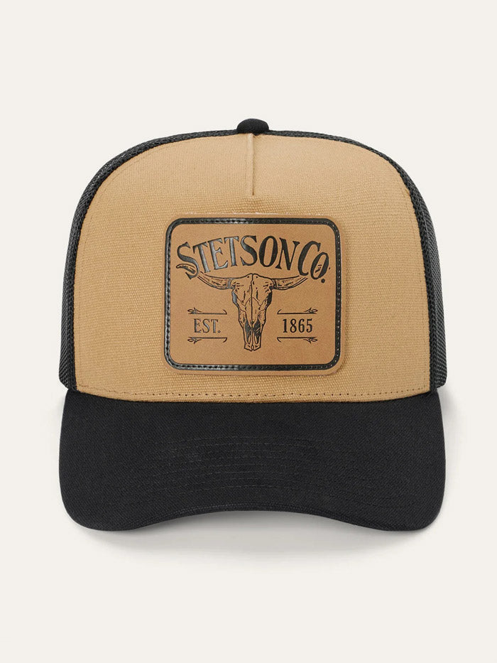 Stetson SCLLSC-0029 Longhorn Patch Trucker Cap Tan Black front view. If you need any assistance with this item or the purchase of this item please call us at five six one seven four eight eight eight zero one Monday through Saturday 10:00a.m EST to 8:00 p.m EST