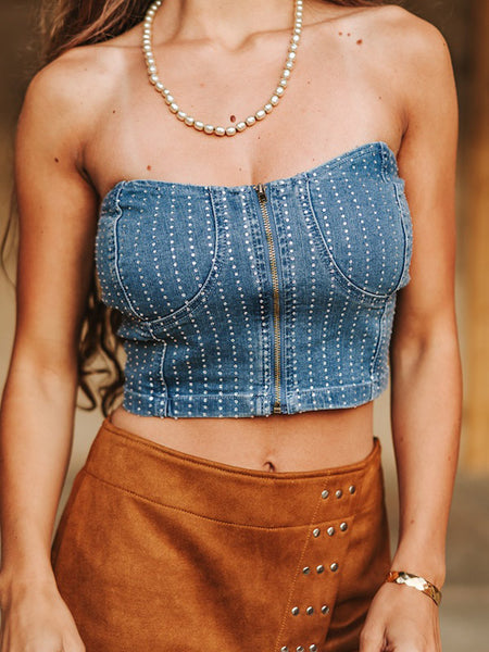 Lucky & Blessed ST096-TOP Womens Strapless Rhinestone Studded Top Denim front close up. If you need any assistance with this item or the purchase of this item please call us at five six one seven four eight eight eight zero one Monday through Saturday 10:00a.m EST to 8:00 p.m EST