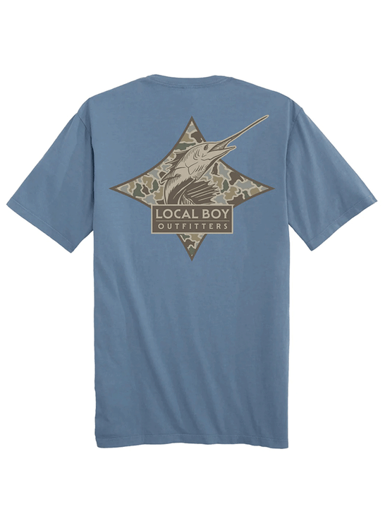 Local Boy Outfitters L1000632-SLT Mens Dog & Moon Camo Sailfish Short Sleeve Tee Slate back view. If you need any assistance with this item or the purchase of this item please call us at five six one seven four eight eight eight zero one Monday through Saturday 10:00a.m EST to 8:00 p.m EST