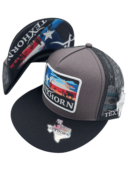 Texhorn WEST TX Trucker Cap Black side / front view. If you need any assistance with this item or the purchase of this item please call us at five six one seven four eight eight eight zero one Monday through Saturday 10:00a.m EST to 8:00 p.m EST