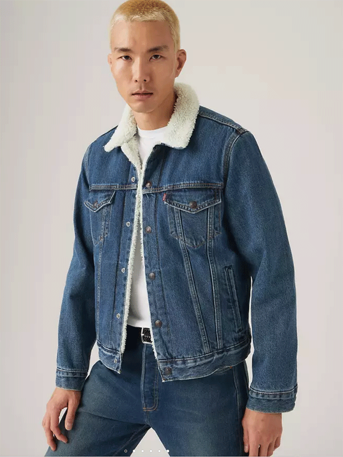 Levis 163650286 Mens Type III Sherpa Trucker Jacket Ark Stonewash Sherpa Blue front view. If you need any assistance with this item or the purchase of this item please call us at five six one seven four eight eight eight zero one Monday through Saturday 10:00a.m EST to 8:00 p.m EST