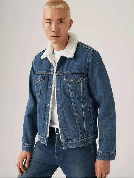 Levis 163650286 Mens Type III Sherpa Trucker Jacket Ark Stonewash Sherpa Blue front view. If you need any assistance with this item or the purchase of this item please call us at five six one seven four eight eight eight zero one Monday through Saturday 10:00a.m EST to 8:00 p.m EST