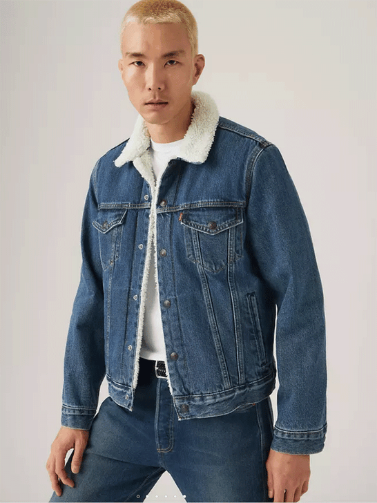 Levis 163650286 Mens Type III Sherpa Trucker Jacket Ark Stonewash Sherpa Blue front view. If you need any assistance with this item or the purchase of this item please call us at five six one seven four eight eight eight zero one Monday through Saturday 10:00a.m EST to 8:00 p.m EST