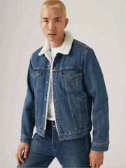 Levis 163650286 Mens Type III Sherpa Trucker Jacket Ark Stonewash Sherpa Blue front view. If you need any assistance with this item or the purchase of this item please call us at five six one seven four eight eight eight zero one Monday through Saturday 10:00a.m EST to 8:00 p.m EST