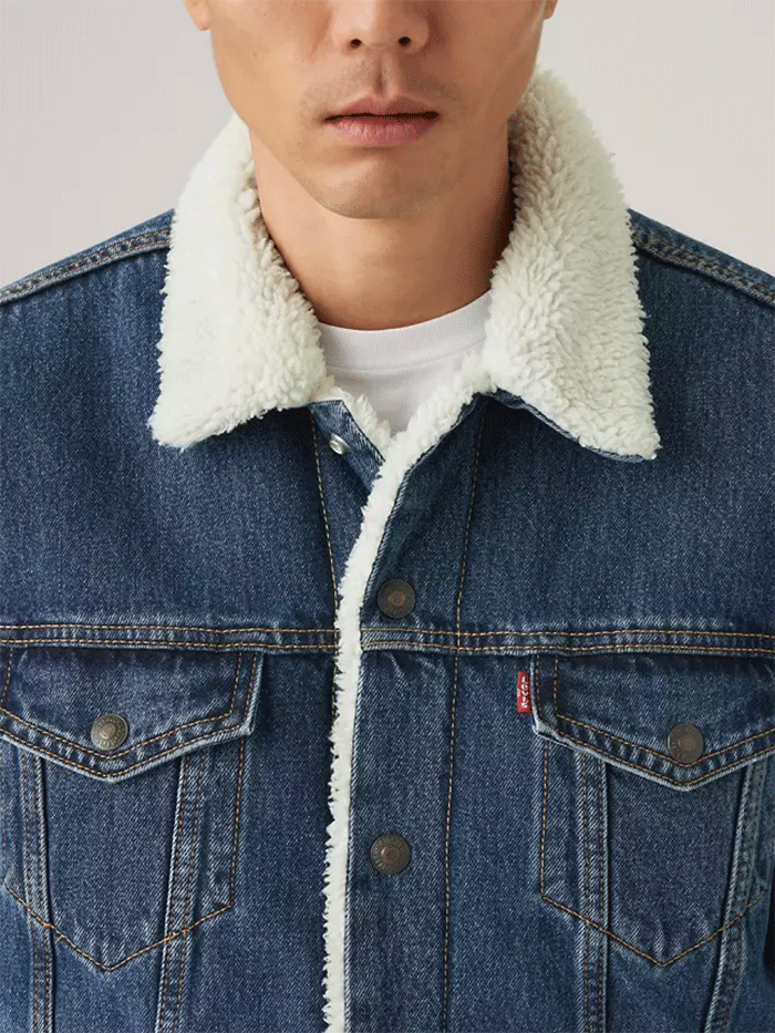 Levis 163650286 Mens Type III Sherpa Trucker Jacket Ark Stonewash Sherpa Blue front view. If you need any assistance with this item or the purchase of this item please call us at five six one seven four eight eight eight zero one Monday through Saturday 10:00a.m EST to 8:00 p.m EST