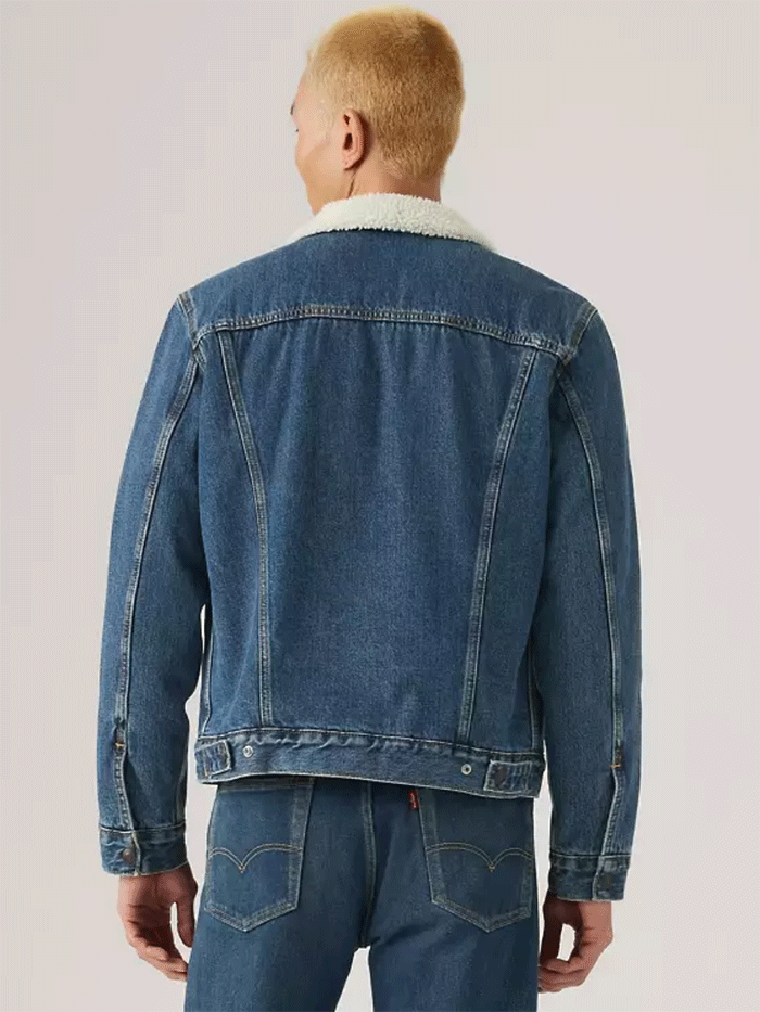 Levis 163650286 Mens Type III Sherpa Trucker Jacket Ark Stonewash Sherpa Blue front view. If you need any assistance with this item or the purchase of this item please call us at five six one seven four eight eight eight zero one Monday through Saturday 10:00a.m EST to 8:00 p.m EST