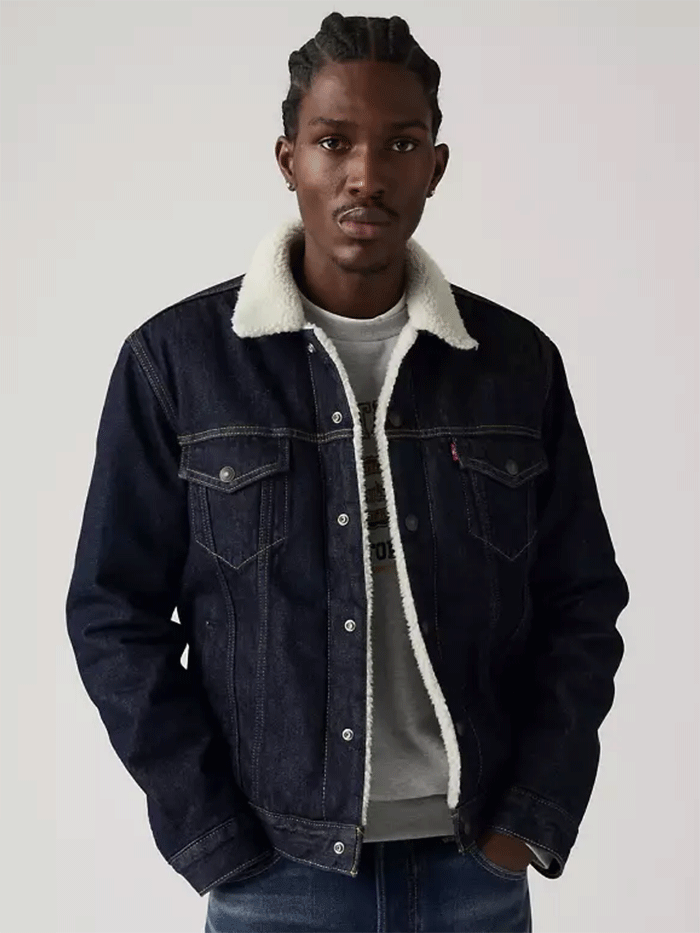 Levis 163650285 Mens Type III Sherpa Trucker Jacket Inse It Out Sherpa Blue front view. If you need any assistance with this item or the purchase of this item please call us at five six one seven four eight eight eight zero one Monday through Saturday 10:00a.m EST to 8:00 p.m EST