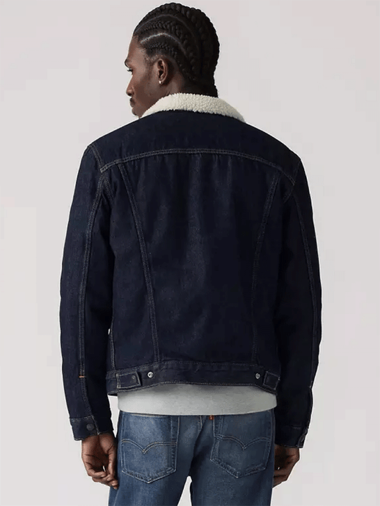 Levis 163650285 Mens Type III Sherpa Trucker Jacket Inse It Out Sherpa Blue back view. If you need any assistance with this item or the purchase of this item please call us at five six one seven four eight eight eight zero one Monday through Saturday 10:00a.m EST to 8:00 p.m EST