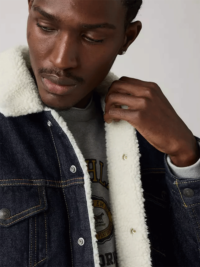 Levis 163650285 Mens Type III Sherpa Trucker Jacket Inse It Out Sherpa Blue front view. If you need any assistance with this item or the purchase of this item please call us at five six one seven four eight eight eight zero one Monday through Saturday 10:00a.m EST to 8:00 p.m EST