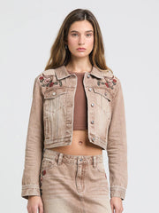 Grace In LA TE-S899 Womens Floral Embroidered Denim Jacket Camel Tan front view. If you need any assistance with this item or the purchase of this item please call us at five six one seven four eight eight eight zero one Monday through Saturday 10:00a.m EST to 8:00 p.m EST
