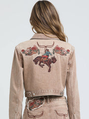 Grace In LA TE-S899 Womens Floral Embroidered Denim Jacket Camel Tan back view. If you need any assistance with this item or the purchase of this item please call us at five six one seven four eight eight eight zero one Monday through Saturday 10:00a.m EST to 8:00 p.m EST
