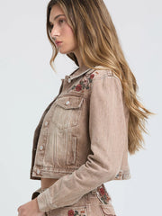 Grace In LA TE-S899 Womens Floral Embroidered Denim Jacket Camel Tan side view. If you need any assistance with this item or the purchase of this item please call us at five six one seven four eight eight eight zero one Monday through Saturday 10:00a.m EST to 8:00 p.m EST
