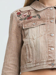 Grace In LA TE-S899 Womens Floral Embroidered Denim Jacket Camel Tan front close up view. If you need any assistance with this item or the purchase of this item please call us at five six one seven four eight eight eight zero one Monday through Saturday 10:00a.m EST to 8:00 p.m EST
