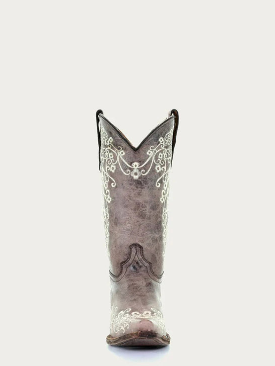 Corral A2773 Teens Floral Embroidery Snip Toe Boot Bone front view. If you need any assistance with this item or the purchase of this item please call us at five six one seven four eight eight eight zero one Monday through Saturday 10:00a.m EST to 8:00 p.m EST