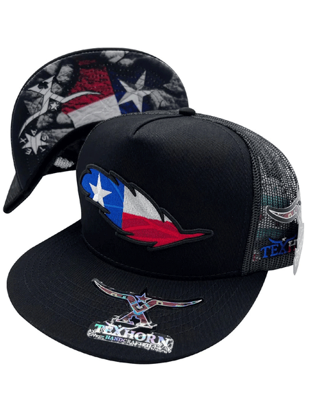 Texhorn TEXAS FEATHER Trucker Cap Black side / front and brim view. If you need any assistance with this item or the purchase of this item please call us at five six one seven four eight eight eight zero one Monday through Saturday 10:00a.m EST to 8:00 p.m EST