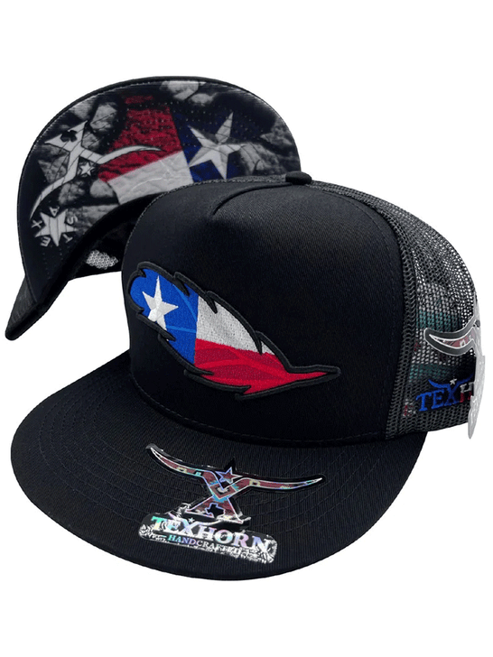 Texhorn TEXAS FEATHER Trucker Cap Black side / front and brim view. If you need any assistance with this item or the purchase of this item please call us at five six one seven four eight eight eight zero one Monday through Saturday 10:00a.m EST to 8:00 p.m EST