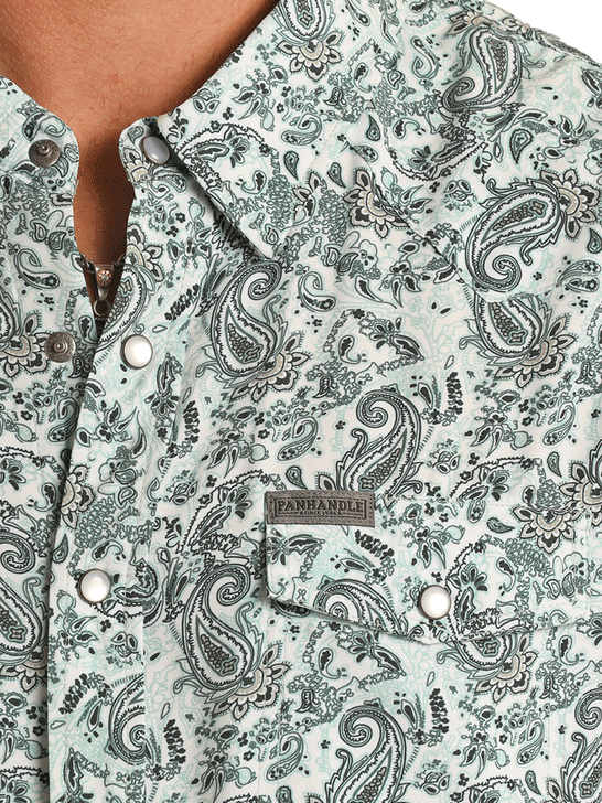 Panhandle TMN2S03503 Mens Long Sleeve Performance Paisley Print Shirt Turquoise close up view of front pocket and collar. If you need any assistance with this item or the purchase of this item please call us at five six one seven four eight eight eight zero one Monday through Saturday 10:00a.m EST to 8:00 p.m EST