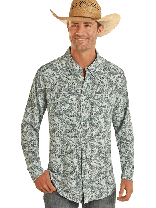Panhandle TMN2S03503 Mens Long Sleeve Performance Paisley Print Shirt Turquoise front view. If you need any assistance with this item or the purchase of this item please call us at five six one seven four eight eight eight zero one Monday through Saturday 10:00a.m EST to 8:00 p.m EST