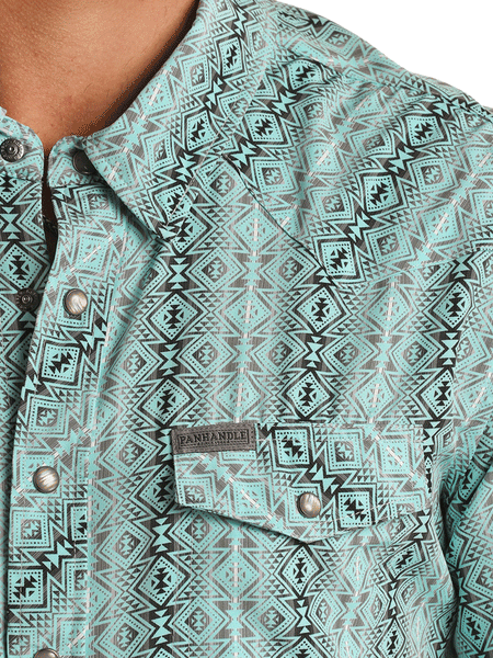 Panhandle TMN3S03501 Mens Short Sleeve Performance Snap Shirt Aztec Turquoise close up of pocket and collar. If you need any assistance with this item or the purchase of this item please call us at five six one seven four eight eight eight zero one Monday through Saturday 10:00a.m EST to 8:00 p.m EST