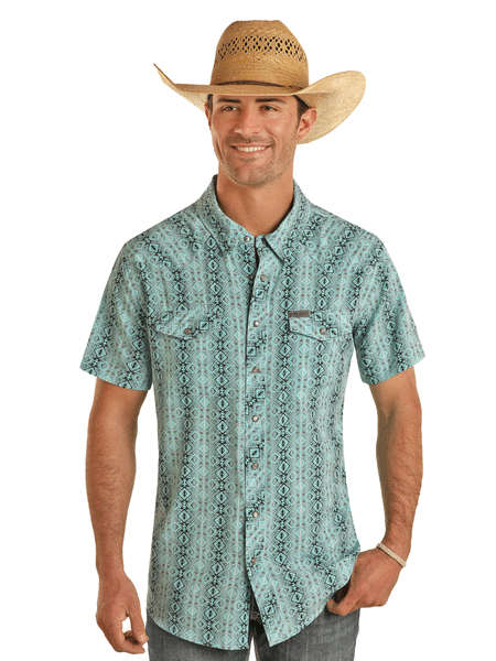 Panhandle TMN3S03501 Mens Short Sleeve Performance Snap Shirt Aztec Turquoise front view. If you need any assistance with this item or the purchase of this item please call us at five six one seven four eight eight eight zero one Monday through Saturday 10:00a.m EST to 8:00 p.m EST