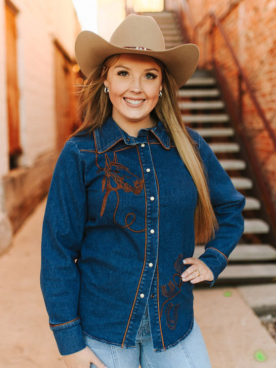 Lucky & Blessed TO1170-MW Womens Embroidery And Piping Button Down Shirt Denim alternate view. If you need any assistance with this item or the purchase of this item please call us at five six one seven four eight eight eight zero one Monday through Saturday 10:00a.m EST to 8:00 p.m EST