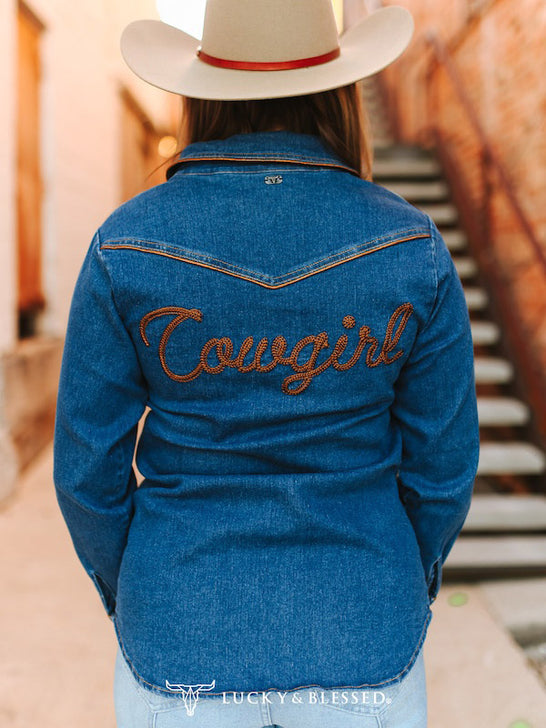 Lucky & Blessed TO1170-MW Womens Embroidery And Piping Button Down Shirt Denim back view. If you need any assistance with this item or the purchase of this item please call us at five six one seven four eight eight eight zero one Monday through Saturday 10:00a.m EST to 8:00 p.m EST