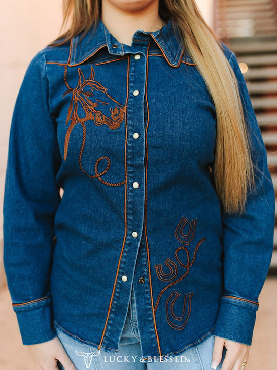 Lucky & Blessed TO1170-MW Womens Embroidery And Piping Button Down Shirt Denim front view. If you need any assistance with this item or the purchase of this item please call us at five six one seven four eight eight eight zero one Monday through Saturday 10:00a.m EST to 8:00 p.m EST